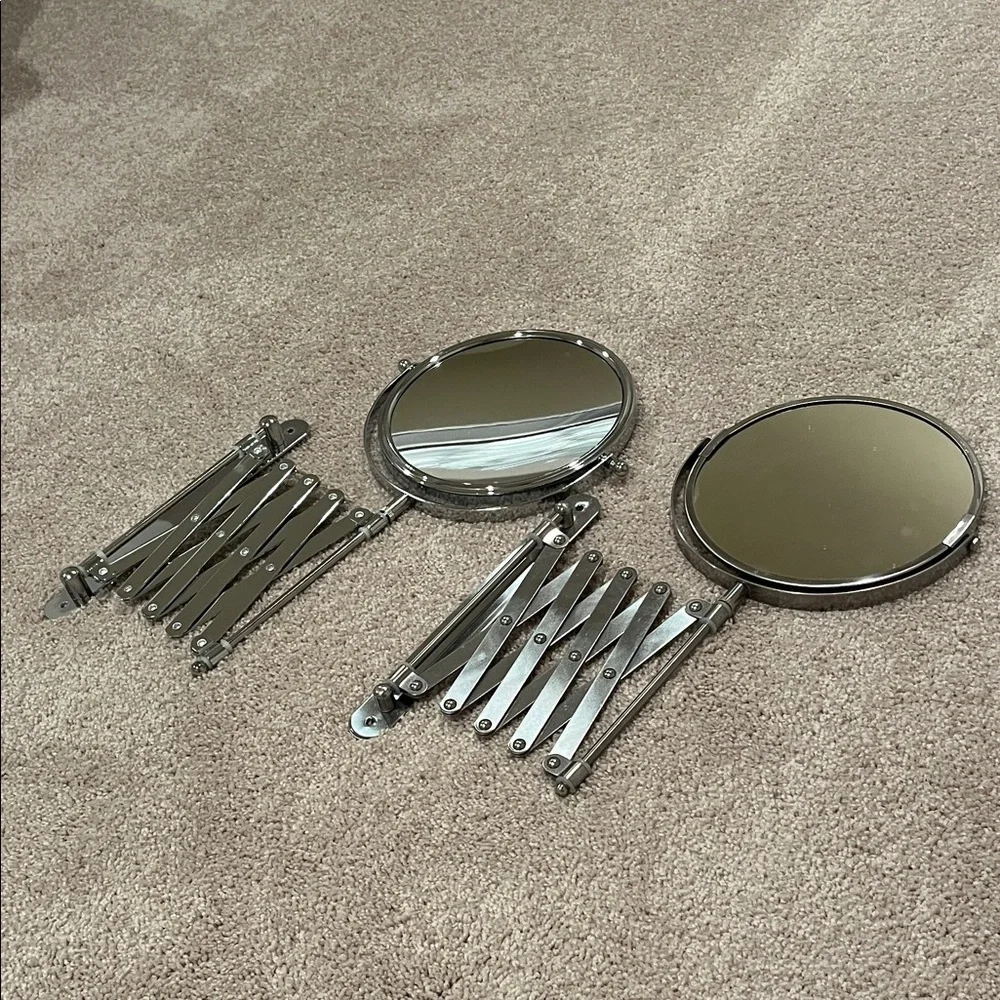 2 Wall Mount Vanity Makeup Mirrors - Silver Chrome Double Sided - Extendable